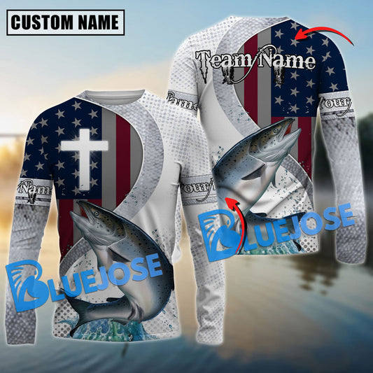 BlueJose Chinook Fishing Cross America Flag Skin Pattern Custom Name & Team Name Shirts