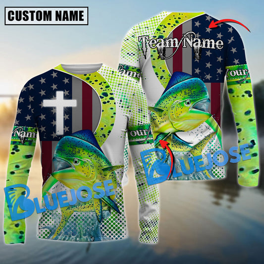 BlueJose Mahi-Mahi Fishing Cross America Flag Skin Pattern Custom Name & Team Name Shirts