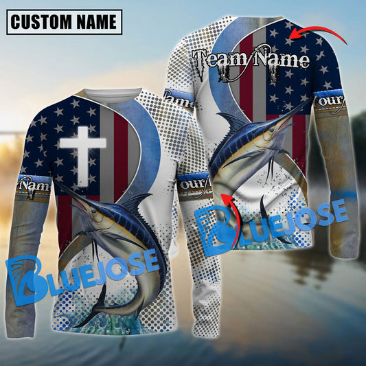 BlueJose Marlin Fishing Cross America Flag Skin Pattern Custom Name & Team Name Shirts