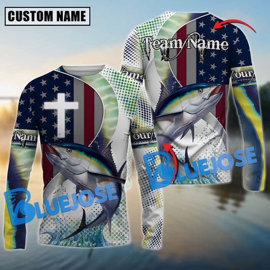 BlueJose Tuna Fishing Cross America Flag Skin Pattern Custom Name & Team Name Shirts