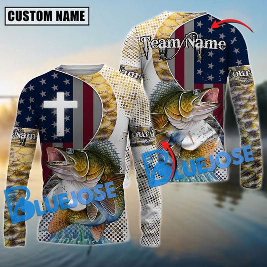 BlueJose Walleye Fishing Cross America Flag Skin Pattern Custom Name & Team Name Shirts