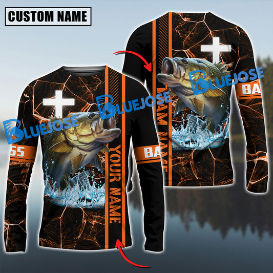 Bluejose Bass Fishing Orange Cross Pattern Custom Name & Team Name 3D Shirts