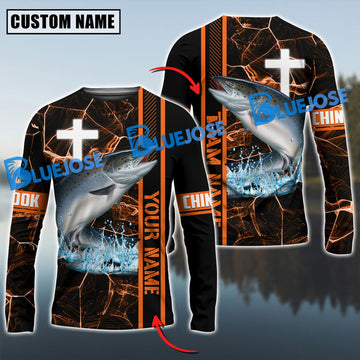 Bluejose Chinook Fishing Orange Cross Pattern Sun Protection Custom Name & Team Name 3D Shirts