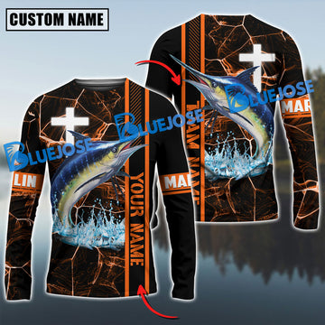 Bluejose Marlin Fishing Orange Cross Pattern Custom Name & Team Name 3D Shirts