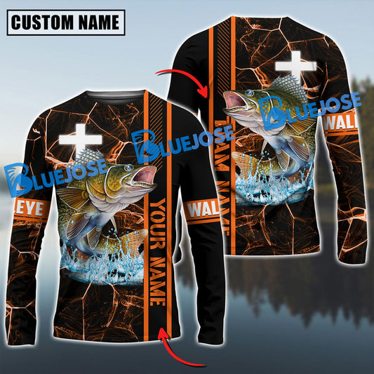 Bluejose Walleye Fishing Orange Cross Pattern Sun Protection Custom Name & Team Name 3D Shirts