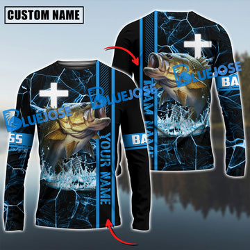 Bluejose Bass Fishing Blue Cross Pattern Custom Name & Team Name 3D Shirts