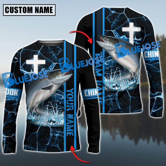 Bluejose Chinook Fishing Blue Cross Pattern Sun Protection Custom Name & Team Name 3D Shirts