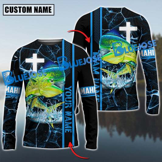 Bluejose Mahi-Mahi Fishing Blue Cross Pattern Custom Name & Team Name 3D Shirts