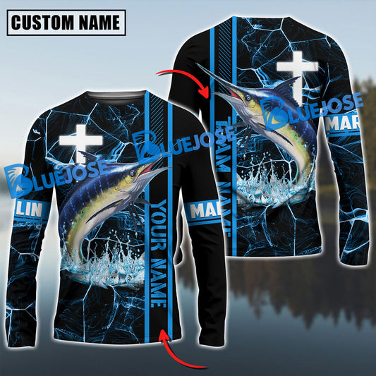 Bluejose Marlin Fishing Blue Cross Pattern Custom Name & Team Name 3D Shirts