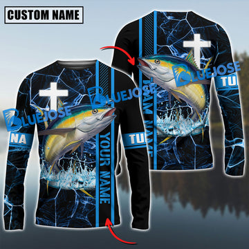 Bluejose Tuna Fishing Blue Cross Pattern Custom Name & Team Name 3D Shirts