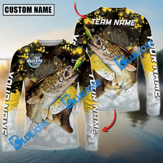 Bluejose Walleye Fishing Yellow White Jersey Sport Pattern Sun Protection Personalized Name Team Name 3D Shirts