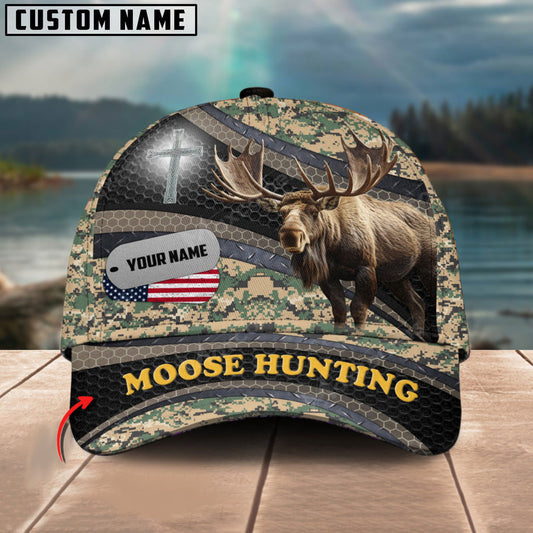 BlueJose Moose Hunting Cross With USA Flag Name Tag Camo Pattern Multicolor Personalized Cap