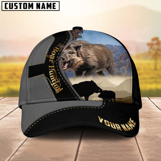 BlueJose Majestic Boar Hunting Gray And Black Gold Personalized Cap