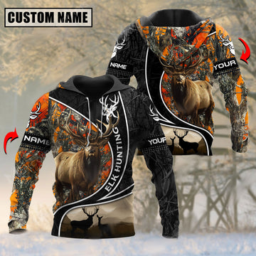 BlueJose Customized Name Orange Camo Pattern Elk Hunting 3D Shirt