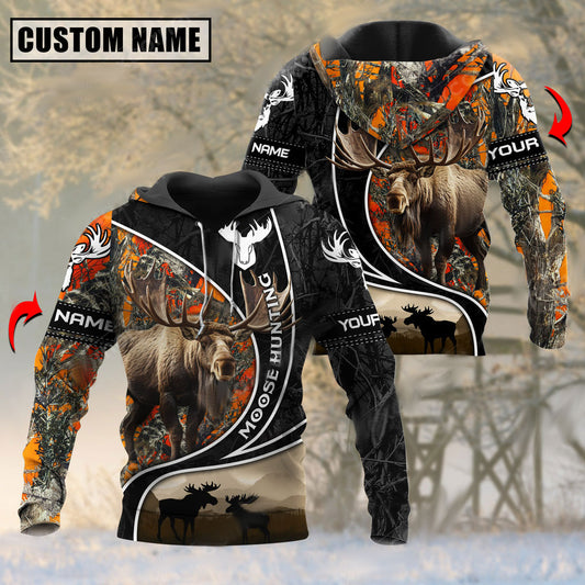 BlueJose Customized Name Orange Camo Pattern Moose Hunting 3D Shirt