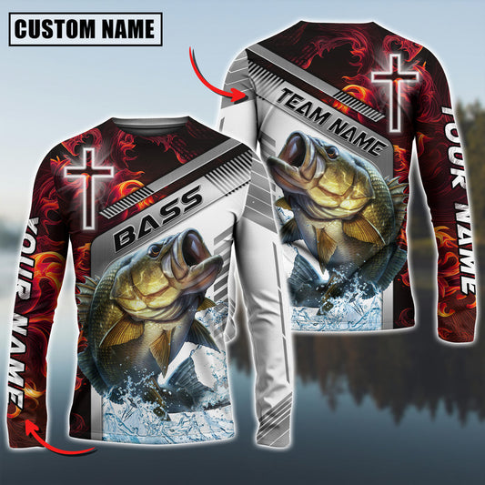 Bluejose Bass Fishing Red Flame With Cross Pattern Custom Name & Team Name 3D Shirts