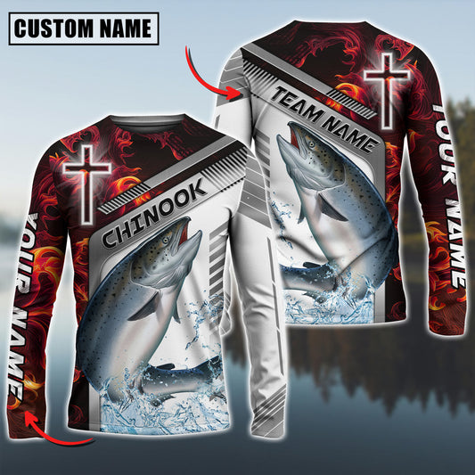 Bluejose Chinook Fishing Red Flame With Cross Pattern Custom Name & Team Name 3D Shirts