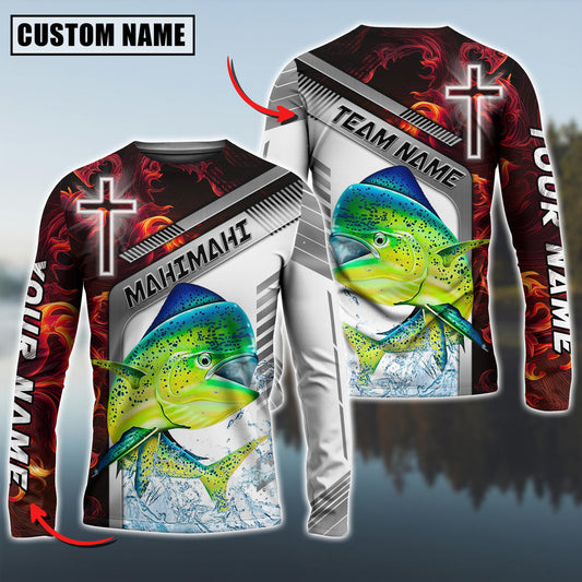 Bluejose Mahi-mahi Fishing Red Flame With Cross Pattern Custom Name & Team Name 3D Shirts