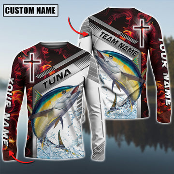 Bluejose Tuna Fishing Red Flame With Cross Pattern Custom Name & Team Name 3D Shirts