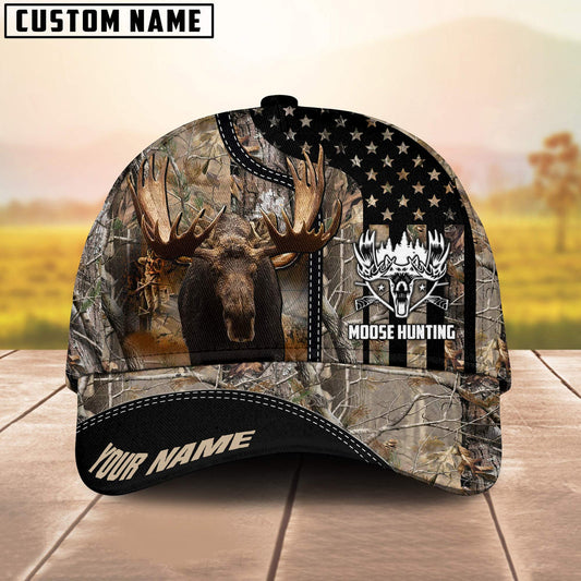 BlueJose Moose Hunting American Flag Camo Pattern Multicolor Personalized Name 3D Cap (4 colors)