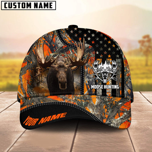 BlueJose Moose Hunting American Flag Camo Pattern Multicolor Personalized Name 3D Cap (4 colors)