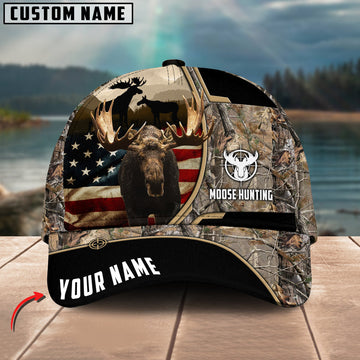 BlueJose Moose Hunting American Flag Pattern Multicolor Personalized Name 3D Cap (4 colors)