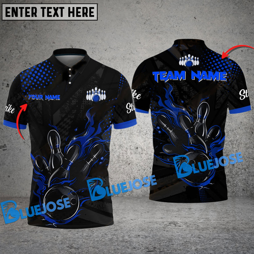 BlueJose Bowling And Pins Black Flame Customized Name 3D Shirt (4 Colo