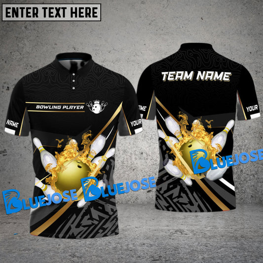 BlueJose Bowling And Pins Grunge Flame  Multicolor Customized Name 3D Shirt ( 4 Colors )