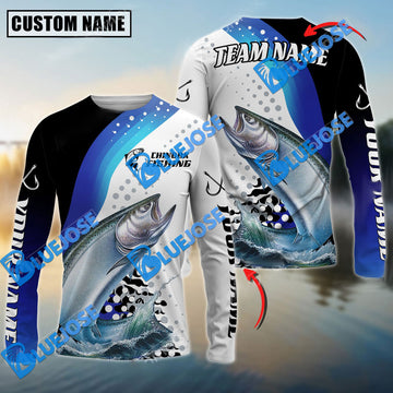 Bluejose Chinook Fishing Sun Protection Jersey Blue Camo Pattern Personalized Name And Team Name Long Sweat Shirt