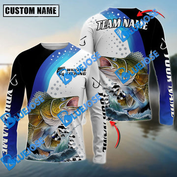 Bluejose Walleye Fishing Sun Protection Jersey Blue Camo Pattern Personalized Name And Team Name Long Sweat Shirt