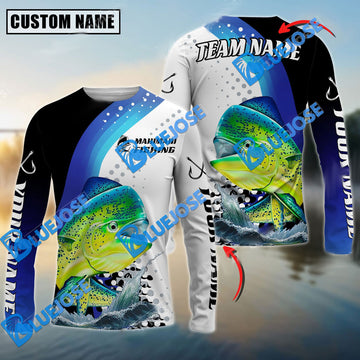 Bluejose Mahi-Mahi Fishing Sun Protection Jersey Blue Camo Pattern Personalized Name And Team Name Long Sweat Shirt