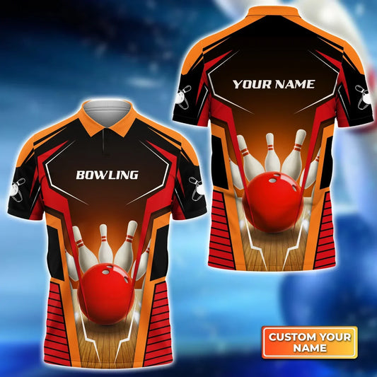 BlueJose Mens Bowl Pin And Red Bowling Ball Personalized Name 3D Shirt