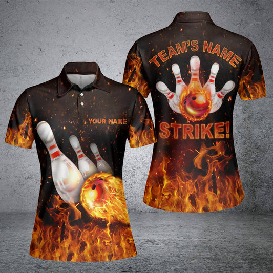 BlueJoses Flames Bowling Strike Personalized All Over Printed Shirt For Women Personalized Shirts For Bowling Players