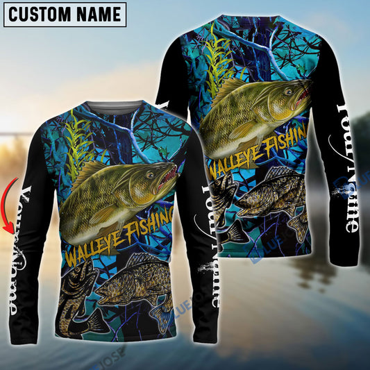 Bluejose Blue Camo Walleye Fishing Custom   Long Sleeve Fishing Shirts