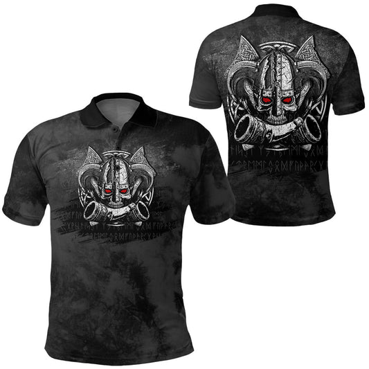 BlueJose Viking Style - Nordic Mythology Skull Mead Horn Warrior Runes Viking Polo-Shirt