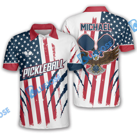 BlueJose Personalized Name, Team Name Eagle Scratches American Flag Pickleball 3D Shirt