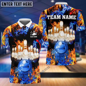 BlueJose Red And Blue Flame Bowling and Pins Lightning Personalized Name 3D Shirt
