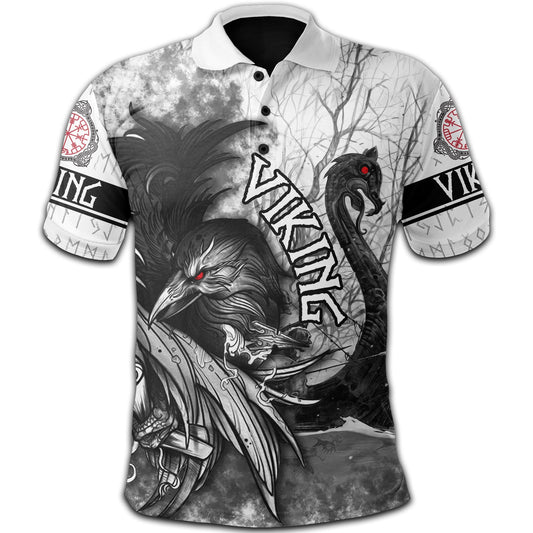 BlueJose Viking Style Polo Shirt - Raven And Drakkar