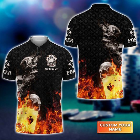 BlueJose Poker Four Of A Kind Aces Skull On Fire Personalized Name 3D Polo Shirt