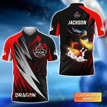 BlueJoses Dragon Team Red Bowling Ball On Fire Customized Name All Over Printed Shirt