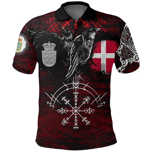 BlueJose Viking Style Polo Shirts - Denmark Raven of Odin and Symbol Viking on Blood Background