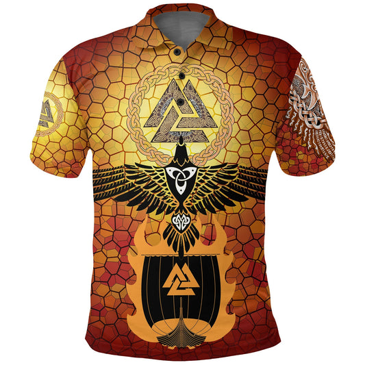 BlueJose Viking Style Polo Shirts - Raven Of Odin And Drakkar On Fire On Vignette Gold Valknut