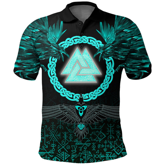 BlueJose Viking Style - Polo Shirts Three Raven and Valknut Cyan