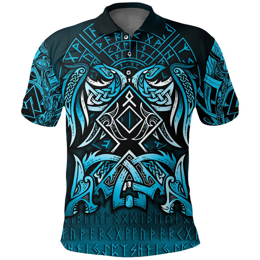 BlueJose Viking Style Polo Shirt - Othala and Raven Blue