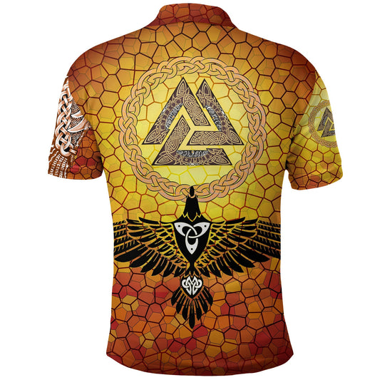 BlueJose Viking Style Polo Shirts - Raven Of Odin And Drakkar On Fire On Vignette Gold Valknut