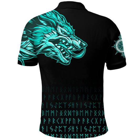 BlueJose Viking Style Polo Shirts Fenrir Wolf Cyan Near Shoulder