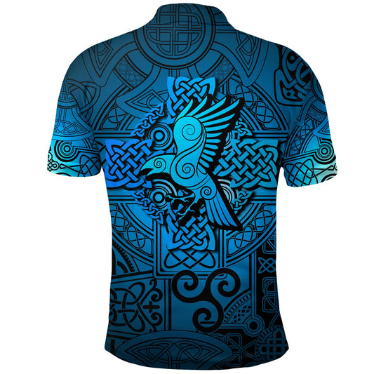 BlueJose Viking Style Polo Shirt - Raven Odin Celtic Cyan