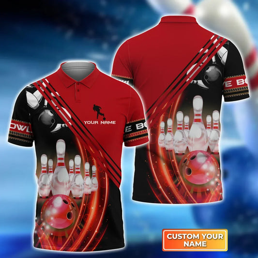 BlueJose Red Bowling Ballin Motionand the Pins Personalized Name 3D Shirt