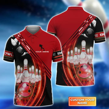 BlueJoses Red Bowling Ballin Motionand the Pins Personalized Name 3D Shirt