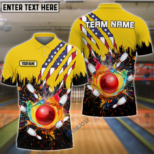 BlueJoses Bowling And Pins Scratch US Flag Pattern Multicolor Personalized Name 3D Shirt, Personalized Shirts For Bowling Players